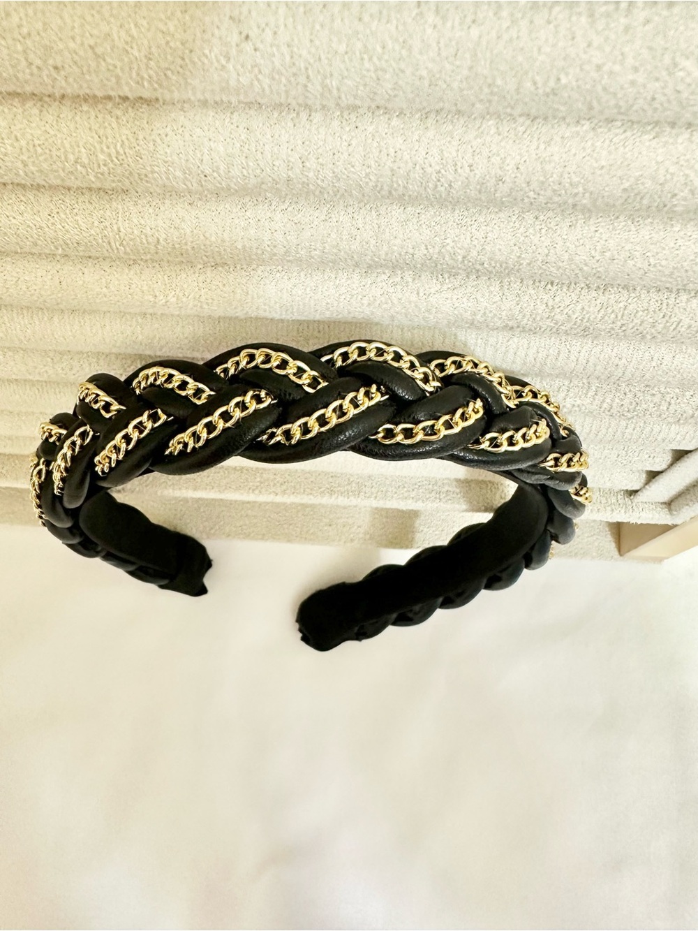 Braided Black Headband with Gold Chain Detail